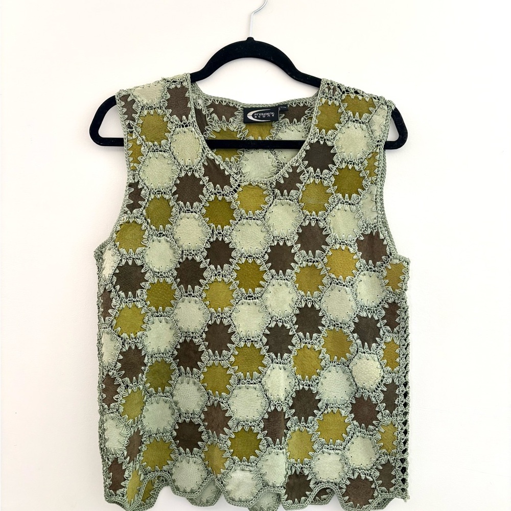 Vintage Suede Crochet Tank Top - Olive, Sage & Brown